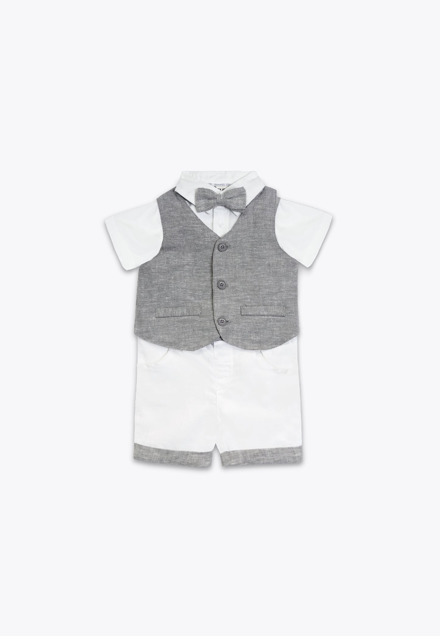Completo 3 Pezzi in Misto Lino: Gilet, Camicia, Shorts con Bretelle e Papillon